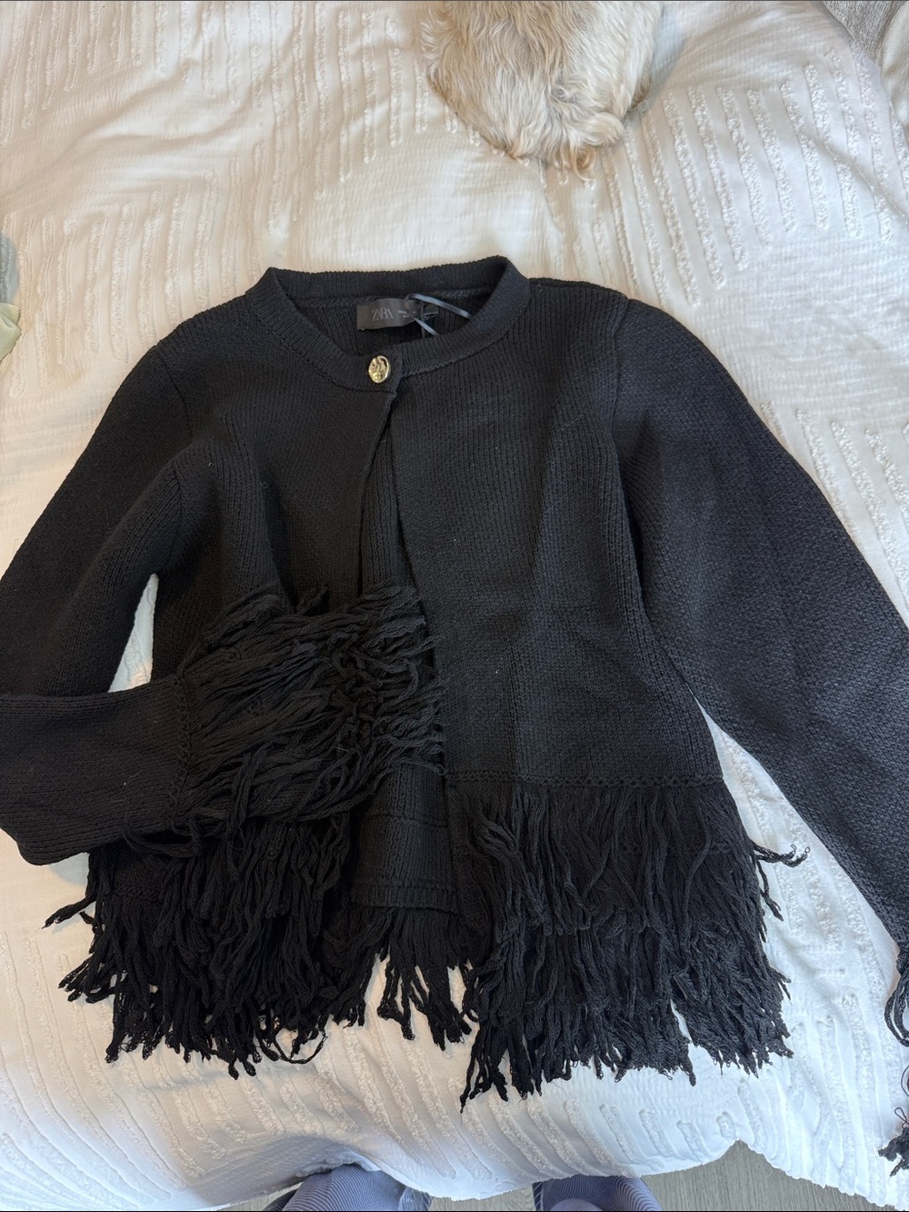Zara Fringe Black one button Cardigan